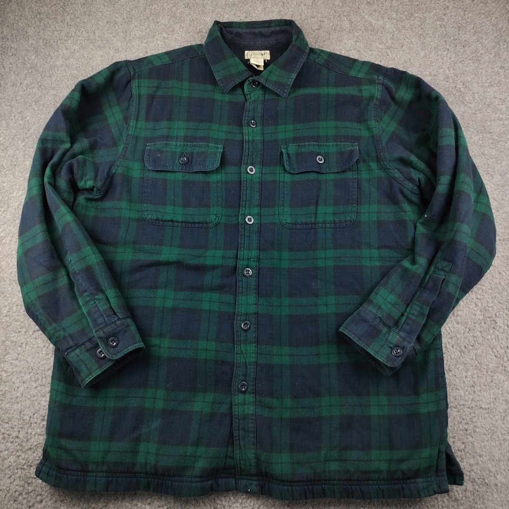 VTG LL Bean Shirt Jacket Mens Large Green Tartan Plaid Fleece Lined Button Up